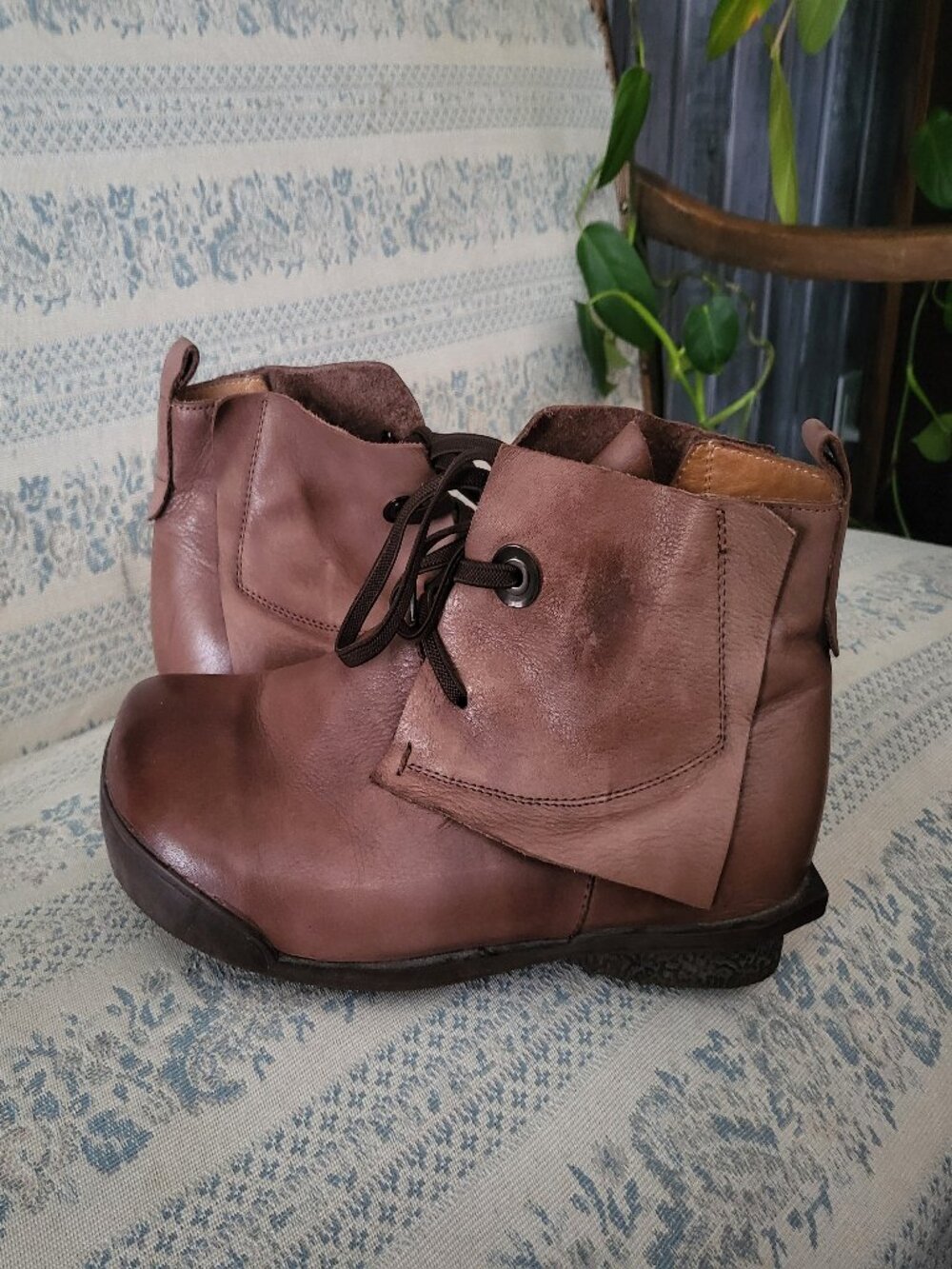 Lagenlook Cognac Leather Lace Up Ankle Boots Size 8